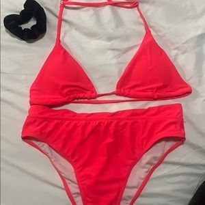 Bright pink bikini with high waisted bottoms